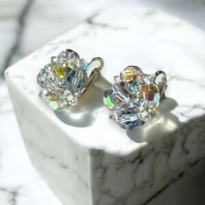 Vintage Coro Earrings Womens Silver Tone AB Crystal Flower Cluster MCM Clip On